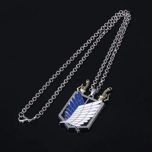 Close-up of Attack on Titan Wings of Freedom Sword Necklace design