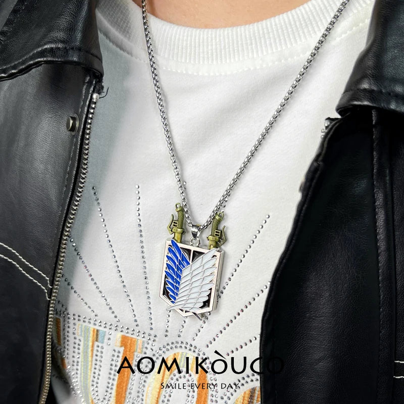 Model wearing Attack on Titan Scout Regiment Sword Necklace – anime jewelry Pakistan