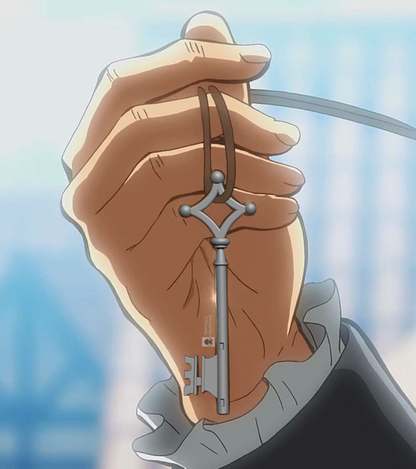 Anime screenshot of Eren Jaeger with the Basement Key from Attack on Titan