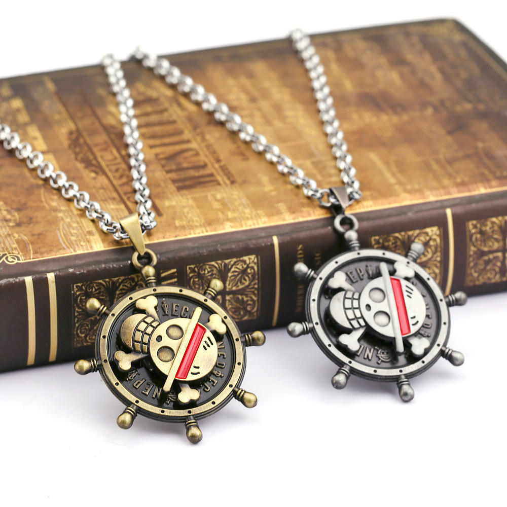 One Piece Bronze Spinning Straw Hat Jolly Roger Necklace