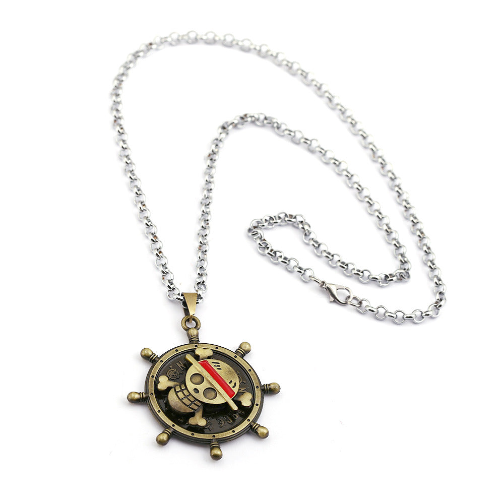 One Piece Bronze Spinning Straw Hat Jolly Roger Necklace