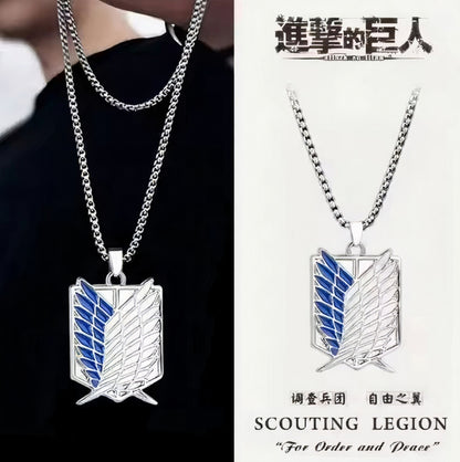 Anime fan showcasing Attack on Titan Scout Regiment Necklace worn with casual outfit – Senpai Merch Pakistan