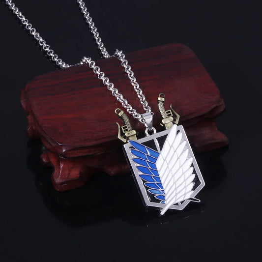 Attack on Titan Scout Regiment Necklace with dual swords displayed on table
