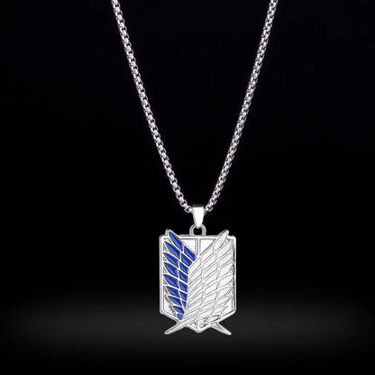 Attack on Titan Scout Regiment Necklace with Wings of Freedom emblem displayed on anime-inspired background – Premium Chain Edition