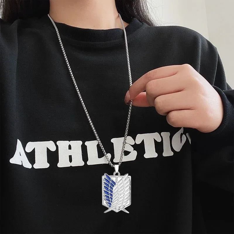 Model wearing Attack on Titan Scout Regiment Wings of Freedom Necklace – Premium Chain Edition – Anime Jewelry Pakistan