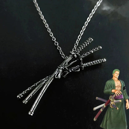 Detailed view of Roronoa Zoro's three-sword Santoryu pendant. Anime merch available in Pakistan.